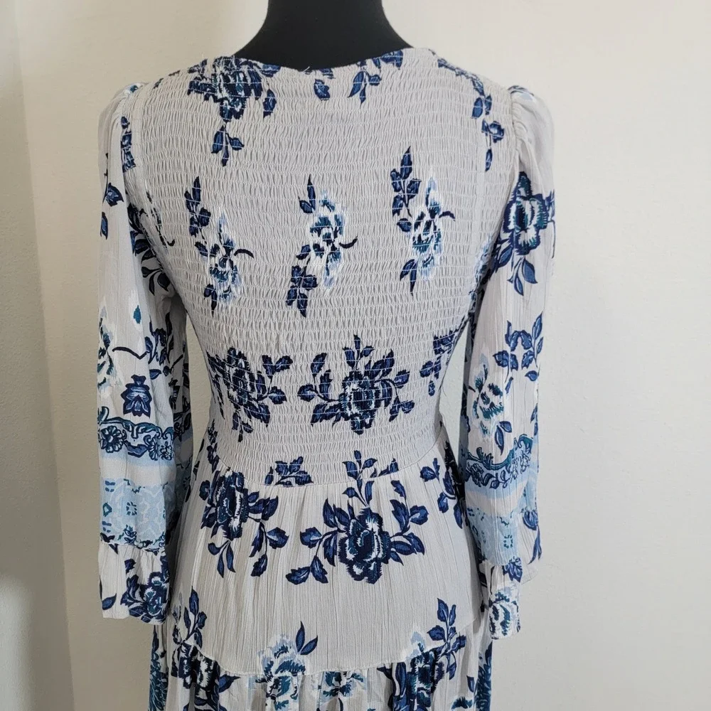Angie Womens Boho Floral Twist Front Cutout Tiered Mini Dress Blue White Medium - Picture 9 of 12